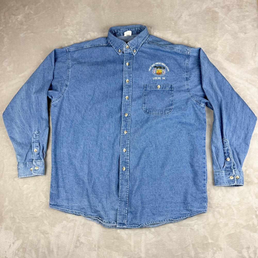 VTG Union Line Denim Work Shirt Mens XL Blue Button Up Graybear Union USA Y2K
